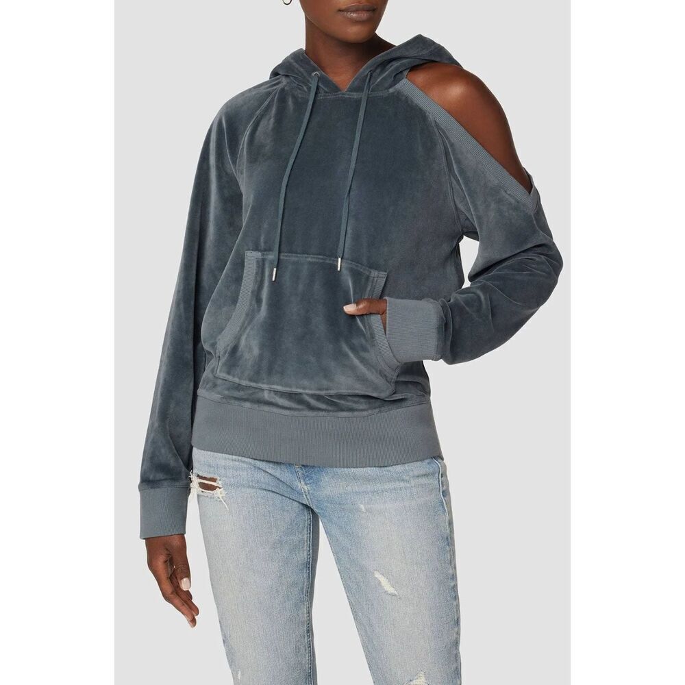 HUDSON Blue Frost Velvet Velour Cold Shoulder Hoodie Sweatshirt Size Small